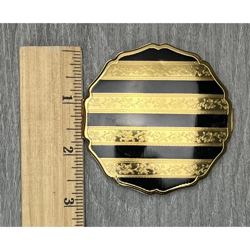 Vintage Stratton Compact Gold Black Stripe Enamel‎ Powder Mirror England w/Bag